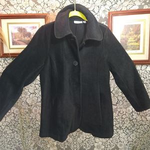 Susan Graver black jacket trench length fleece unique buttons inverted pleat